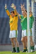 18 May 2008; Meath goalkeeper Michael Ahern with Eoin Harrington, 5, Cormac McGill, 4 and Chris O'Connor, behind him, defend a free kick. GAA Football Leinster Senior Championship 1st Round, Meath v Carlow, Croke Park, Dublin. Picture credit: Ray McManus / SPORTSFILE