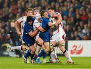 24 April 2015; Jimmy Gopperth, Leinster, supported by Sean O'Brien, is tackled by Rory Best and Iain Henderson, Ulster. Guinness PRO12, Round 20, Ulster v Leinster. Kingspan Stadium, Ravenhill Park, Belfast. Picture credit: Oliver McVeigh / SPORTSFILE