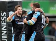 25 April 2015; Adam Ashe, Glasgow Warriors, celebrates with team mates after scoring his sides fourth and bonus point try. Guinness PRO12, Round 20, Connacht v Glasgow Warriors. Sportsground, Galway. Picture credit: Oliver McVeigh / SPORTSFILE