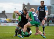 25 April 2015; Adam Ashe, Glasgow Warriors, is tackled by Miah Nikora and  Darragh Leader, Connacht. Guinness PRO12, Round 20, Connacht v Glasgow Warriors. Sportsground, Galway. Picture credit: Oliver McVeigh / SPORTSFILE