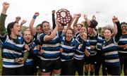 25 April 2015; Wanderers captain Rachel Thomas lifts the Paul Cusack Plate as her team-mates celebrate. Bank of Ireland Paul Cusack Plate Final, Tallaght v Wanderers. Greystones RFC, Dr. Hickey Park, Greystones, Co. Wicklow. Picture credit: Matt Browne / SPORTSFILE