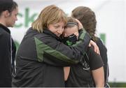 25 April 2015; Bandon Manager Liz Buttimer, left, consoles Claire O'Higgins after the game. Women’s Irish Junior Cup final, Bandon v Pembroke Wanderers. Belfield, Dublin. Picture credit: Ray Lohan/SPORTSFILE