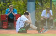 25 April 2015; A dejected Darren Beamish, Bandon, after the final whistle. Men's Irish Hockey Trophy final, Bandon v Clontarf. Belfield, Dublin. Picture credit: Ray Lohan/SPORTSFILE