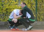 25 April 2015; A dejected Matthew Jennings and coach Will Bartley, Bandon, after the final whistle. Men's Irish Hockey Trophy final, Bandon v Clontarf. Belfield, Dublin. Picture credit: Ray Lohan/SPORTSFILE