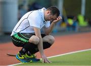 25 April 2015; A dejected Alister Smith, Bandon, after the final whistle. Men's Irish Hockey Trophy final, Bandon v Clontarf. Belfield, Dublin. Picture credit: Ray Lohan/SPORTSFILE
