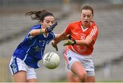 26 April 2015; Sheila Reilly, Cavan, in action against Aoife McCoy, Armagh. TESCO HomeGrown Ladies National Football League, Division 2, Semi-Final, Armagh v Cavan. St Tiarnach's Park, Clones, Co. Monaghan. Picture credit: Pat Murphy / SPORTSFILE