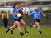 26 April 2015; Olwen Carey, left, and Fiona Hudson, Dublin, in action against Olivia Divilly, Galway. TESCO HomeGrown Ladies National Football League, Division 1, Semi-Final, Dublin v Galway. St Loman's, Mullingar, Co. Westmeath Photo by Sportsfile