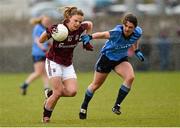 26 April 2015; Barbara Hannon, Galway, in action against Niamh Collins, Dublin. TESCO HomeGrown Ladies National Football League, Division 1, Semi-Final, Dublin v Galway. St Loman's, Mullingar, Co. Westmeath Photo by Sportsfile