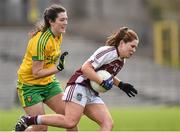 26 April 2015; Sarah Dolan, Westmeath, in action against Eimear Gallagher, Donegal. TESCO HomeGrown Ladies National Football League, Division 2, Semi-Final, Donegal v Westmeath. St Tiarnach's Park, Clones, Co. Monaghan. Picture credit: Pat Murphy / SPORTSFILE