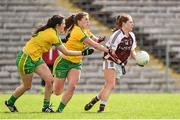 26 April 2015; Sarah Dolan, Westmeath, in action against Eimear Gallagher, left and Ciara Hegarty, Donegal. TESCO HomeGrown Ladies National Football League, Division 2, Semi-Final, Donegal v Westmeath. St Tiarnach's Park, Clones, Co. Monaghan. Picture credit: Pat Murphy / SPORTSFILE
