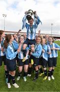 26 April 2015; Salthill Devon captain Melissa McGreen  is lifted shoulder high by her team-mates at the end of the game after winning the FAI Umbro Women’s U16 Cup final. FAI Umbro Women's U16 Cup Final, Peamount United v Salthill Devon. Tolka Park, Dublin Picture credit: David Maher / SPORTSFILE