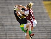 26 April 2015; Laura Gallagher, Donegal, in action against Johanna Maher, Westmeath. TESCO HomeGrown Ladies National Football League, Division 2, Semi-Final, Donegal v Westmeath. St Tiarnach's Park, Clones, Co. Monaghan. Picture credit: Pat Murphy / SPORTSFILE
