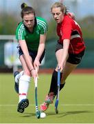 26 April 2015; Emma Barber, Cork Church of Ireland, in action against Carra Withro, Galway. Womenâ€™s Irish Trophy final, Cork Church of Ireland v Galway, Belfield, Dublin. Picture credit: Ray Lohan / SPORTSFILE