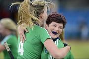 26 April 2015; Claire Hickey, right, and Orla Crowley, Cork Church of Ireland, celebrate after the final whistle. Womenâ€™s Irish Trophy final, Cork Church of Ireland v Galway, Belfield, Dublin. Picture credit: Ray Lohan/SPORTSFILE