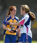 26 April 2015; Laura McLoone, Roscommon, and Emma Murray, Waterford, exchange a handshake after the  game. TESCO HomeGrown Ladies National Football League, Division 3, Semi-Finals, Waterford v Roscommon. McDonagh Park, Nenagh, Co. Tipperary Picture credit: Diarmuid Greene / SPORTSFILE