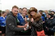 25 April 2015; Gorey captain Nuala Kelly is presented with the Paul Cusack Cup  by Paul's brother Patrick and mother Carol. Bank of Ireland Paul Cusack Cup Final, Balbriggan v Gorey. Greystones RFC, Dr. Hickey Park, Greystones, Co. Wicklow. Picture credit: Matt Browne / SPORTSFILE