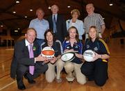 20 May 2008; At the BARUGA Girls Play Ball, Ladies Football/Leinster Rugby & Basketball Ireland Launch were, front row from left, Minister of State Conor Lenihan, Cathy Quinn, Basketball Ireland, Caitriona Bergin, Leinster Rugby and Lynn Savage, Ladies Football with sponsers from Tallaght and District Credit Union, back row from left, Vincent McNally, Sean Christian, Florrie Whelan and John Ennis. BARUGA, Girls Play Ball is the first ever Basketball, Gaelic and Rugby Summer camp for teenage girls. Photo by Sportsfile