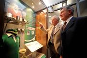 22 May 2008; The Football Association of Ireland unveiled a special tribute to former Ireland international Liam Whelan to mark the 50th anniversary of his death in the Munich Air Disaster. A special cabinet was constructed in the reception area of the FAI Headquarters in Abbotstown. It contains details of Whelan’s career and memorabilia that has been loaned to the Association by his brothers and sisters. Pictured at the unveiling were Former players John Giles and Arthur Fitzsimons, right. Football Association of Ireland, National Sports Campus, Abbotstown, Dublin. Picture credit: Matt Browne / SPORTSFILE