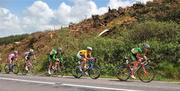 22 May 2008; Stephen Gallagher, right, and Daniel Lloyd, An Post sponsored Sean Kelly team, ride alongside race leader David McCann, Irish National team. FBD Insurance Ras 2008 - Stage 5, Tralee - Skibbereen. Picture credit: Stephen McCarthy / SPORTSFILE