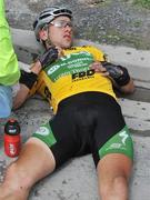 21 May 2008; Race leader Mark Cassidy, An Post sponsored Sean Kelly team, lies injured after a crash on the approach to Patrickswell, Co. Limeirck. FBD Insurance Ras 2008 - Stage 4, Corofin - Tralee. Picture credit: Stephen McCarthy / SPORTSFILE