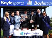 24 May 2008; John Boyle, third from left, presents the winning trophy to owner of Henrythenavigator John Magnier, centre alongside jockey Johnny Murtagh, second from left and trainer Aidan O'Brien, third from right, after the Boylesports Irish 2000 Guineas. The Curragh Racecourse, Co. Kildare. Picture credit: Matt Browne / SPORTSFILE