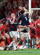 24 May 2008; Munster's David Wallace and Marcus Horan celebrate at the final whistle. Heineken Cup Final, Munster v Toulouse, Millennium Stadium, Cardiff, Wales. Picture credit: Peter Morrison / SPORTSFILE
