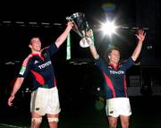 24 May 2008; Munster's Donncha O'Callaghan, left, and Doug Howlett celebrate with the Heineken cup. Heineken Cup Final, Munster v Toulouse, Millennium Stadium, Cardiff, Wales. Picture credit: Oliver McVeigh / SPORTSFILE