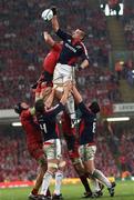 24 May 2008; Kieran Lewis, Munster, wins possession in the line-out. Heineken Cup Final, Munster v Toulouse, Millennium Stadium, Cardiff, Wales. Picture credit: Peter Morrison / SPORTSFILE
