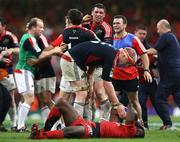 24 May 2008; Munster captain Paul O'Connell commiserates with  Yves Donguy, Toulouse, at the final whistle. Heineken Cup Final, Munster v Toulouse, Millennium Stadium, Cardiff, Wales. Picture credit: Oliver McVeigh / SPORTSFILE