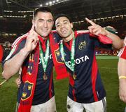 24 May 2008; Munster's Rua Tipoki, left, and Lifeimi Mafi celebrate after victory over Toulouse. Heineken Cup Final, Munster v Toulouse, Millennium Stadium, Cardiff, Wales. Picture credit: Richard Lane / SPORTSFILE