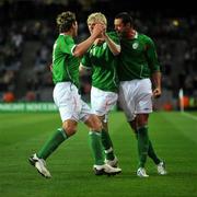 24 May 2008; Andy Keogh, centre, Republic of Ireland, celebrates after scoring his side's first goal with team-mate's  Daryl Murphy, left and Damien Delaney. Friendly international, Republic of Ireland v Serbia. Croke Park, Dublin. Picture credit: David Maher / SPORTSFILE