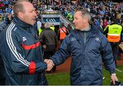 26 April 2015; Cork manager Brian Cuthbert, left, shakes hands with Dublin manager Jim Gavin after the match. Allianz Football League, Division 1, Final, Dublin v Cork. Croke Park, Dublin. Picture credit: Cody Glenn / SPORTSFILE