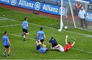 26 April 2015; Dublin goalkeeper and captain Stephen Cluxton and team mates Michael Fitzsimons, Darren Daly, Jack McCaffrey and James McCarthy watch as Daniel Goulding's effort dribbles into the net for the second Cork goal. Allianz Football League, Division 1, Final, Dublin v Cork. Croke Park, Dublin. Picture credit: Ray McManus / SPORTSFILE