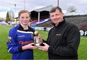 26 April 2015; Hayley Nolan, Peamount United, receives the Continental Tyres Player of the Match award from Eddie Ryan, Marketing Director, Advance Pitstop. Hayley Nolan, was awarded the player of the match award at the Continental Tyres Womenâ€™s National League cup final in Tolka Park, Drumcondra.  To follow live updates from the Continental Tyres Womenâ€™s National League follow us at @FAI_WNL or visit us at www.Facebook.com/ContinentalTyresWomensNationalLeague. Tolka Park, Dublin. Picture credit: David Maher / SPORTSFILE