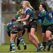 25 April 2015; Siobhan O'Connor, Balbriggan, is tackled by Aoife Crowe and Orla Power, Gorey. Bank of Ireland Paul Cusack Cup Final, Balbriggan v Gorey. Greystones RFC, Dr. Hickey Park, Greystones, Co. Wicklow. Picture credit: Matt Browne / SPORTSFILE