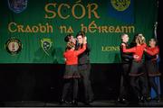 25 April 2015; The Abbeyknockmoy, Galway, team of Geraldine Flesk, Michelle Warren, Claire Quinn, Kate Mullins, Christopher Dunne, Brian Carthy, Craig Kennedy and Paul Flaherty during the Rince Seit competition. All-Ireland Scór Sinsir Championship Finals 2015. Citywest Hotel, Saggart, Co. Dublin. Picture credit: Piaras O Midheach / SPORTSFILE