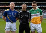 25 April 2015; Referee Niall Cullen with Longford captain Dermot Brady and Offaly captain Paul McConway. Allianz Football League, Division 4, Final, Longford v Offaly. Croke Park, Dublin. Photo by Sportsfile