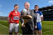 27 April 2015; In attendance at a photocall ahead of the Allianz Hurling League Division 1 Final this weekend are  Cork's Lorcan McLoughlin, left, Brendan Murphy, centre, CEO Allianz Ireland, and Waterford's Pauric Mahony. Croke Park, Dublin. Picture credit: Ramsey Cardy / SPORTSFILE