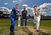 28 April 2015;  North West Warriors players Andy McBrine, left, and Stuart Thompson with coach Bobby Rao in attendance at the launch of the 2015 Hanley Energy Inter-Provincial Series. Malahide Cricket Club, Malahide, Co. Dublin. Picture credit: David Maher / SPORTSFILE