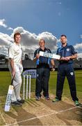 28 April 2015; Leinster Lightning players Kevin O'Brien, left, and Max Sorenson with coach Ted Williamson in attendance at the launch of the 2015 Hanley Energy Inter-Provincial Series. Malahide Cricket Club, Malahide, Co. Dublin. Picture credit: David Maher / SPORTSFILE