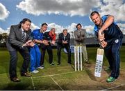 28 April 2015; In attendance at the launch of the 2015 Hanley Energy Inter-Provincial Series were Max Sorenson, right, Leinster Lightning, with from left, Denis Norden, Managing Director of Hanley Energy, Andy McBrine, Northwest Warriors, James Cameron-Dow, Northern Knights, Warren Deutrom, Cricket Ireland Chief Executive, and Clive Gilmore, Chief Executive of  Hanley Energy. Malahide Cricket Club, Malahide, Co. Dublin. Picture credit: David Maher / SPORTSFILE