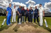 28 April 2015; In attendance at the launch of the 2015 Hanley Energy Inter-Provincial Series were, from left, Andy McBrine, North West Warriors, Kevin O'Brien, Leinster Lightning, Bobby Rao, coach of North West Warriors, Eugene Moleon, coach of Northern Knights, James Cameron-Dow, Northern Knights, Ted Williamson, coach of Leinster Lightning, Max Sorenson, Leinster Lightning, and Stuart Thompson, North West Warriors. Malahide Cricket Club, Malahide, Co. Dublin. Picture credit: David Maher / SPORTSFILE