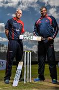 28 April 2015; James Cameron-Dow, left, and coach Eugene Moleon, of Northern Knights, in attendance at the launch of the 2015 Hanley Energy Inter-Provincial Series. Malahide Cricket Club, Malahide, Co. Dublin. Picture credit: David Maher / SPORTSFILE