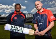28 April 2015; James Cameron-Dow, right, and coach Eugene Moleon of Northern Knights, in attendance at the launch of the 2015 Hanley Energy Inter-Provincial Series. Malahide Cricket Club, Malahide, Co. Dublin. Picture credit: David Maher / SPORTSFILE