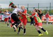 28 April 2015; Players from Star of the Sea, Passage West, Co. Cork, from left to right, goalkeeper Emer Sheehan, Eimear Murphy, and Hollie Tett celebrate after victory over Scoil Chriost Ri, Ennis, Co. Clare, in a penalty shoot-out in their Section B Girls Final. SPAR FAI Primary School 5s Munster Final, Active Ennis Sports & Amenity Park, Lees Road, Ennis, Clare.  Picture credit: Diarmuid Greene / SPORTSFILE