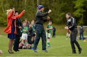28 April 2015; Lisnagry N.S. teacher, and Tipperary senior hurler, Shane McGrath along with teacher/coach Michael Feeney, right, celebrate after Caimin Ayres scored what proved to be the winning goal in their Boys Section B final against Scoil Bhride, Thurles, Co. Tipperary. SPAR FAI Primary School 5's Munster Final, Active Ennis Sports & Amenity Park, Lees Road, Ennis, Clare.  Picture credit: Diarmuid Greene / SPORTSFILE