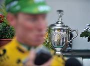 25 May 2008; FBD Insurance Ras 2008 winner Stephen Gallagher, An Post sponsored Sean Kelly team, speaks to the media alongside his cup after the race. FBD Insurance Ras 2008 - Stage 8, Newbridge - Skerries. Picture credit: Stephen McCarthy / SPORTSFILE
