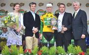 25 May 2008; FBD Insurance Ras 2008 winner Stephen Gallagher, An Post sponsored Sean Kelly team, with the cup and members of the presentation party after the race. FBD Insurance Ras 2008 - Stage 8, Newbridge - Skerries. Picture credit: Stephen McCarthy / SPORTSFILE