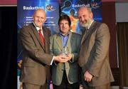 24 May 2008; Bernard Lynch is presented with the Male Superleague Coach of the Year Award on behalf of Mark Bernsen by Tony Colgan, President of Basketball Ireland, and Paul Meany at the Basketball Ireland annual awards. The Tower Hotel, Whitestown Way, Tallaght, Dublin. Picture credit: Damien Eagers / SPORTSFILE