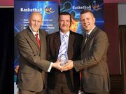 24 May 2008; Joe Quirke, Team Meadowlands St Brendans, is presented with the Men's Senior Coach of the Year Award by Tony Colgan, President of Basketball Ireland, and Tony Hehir at the Basketball Ireland annual awards. The Tower Hotel, Whitestown Way, Tallaght, Dublin. Picture credit: Damien Eagers / SPORTSFILE